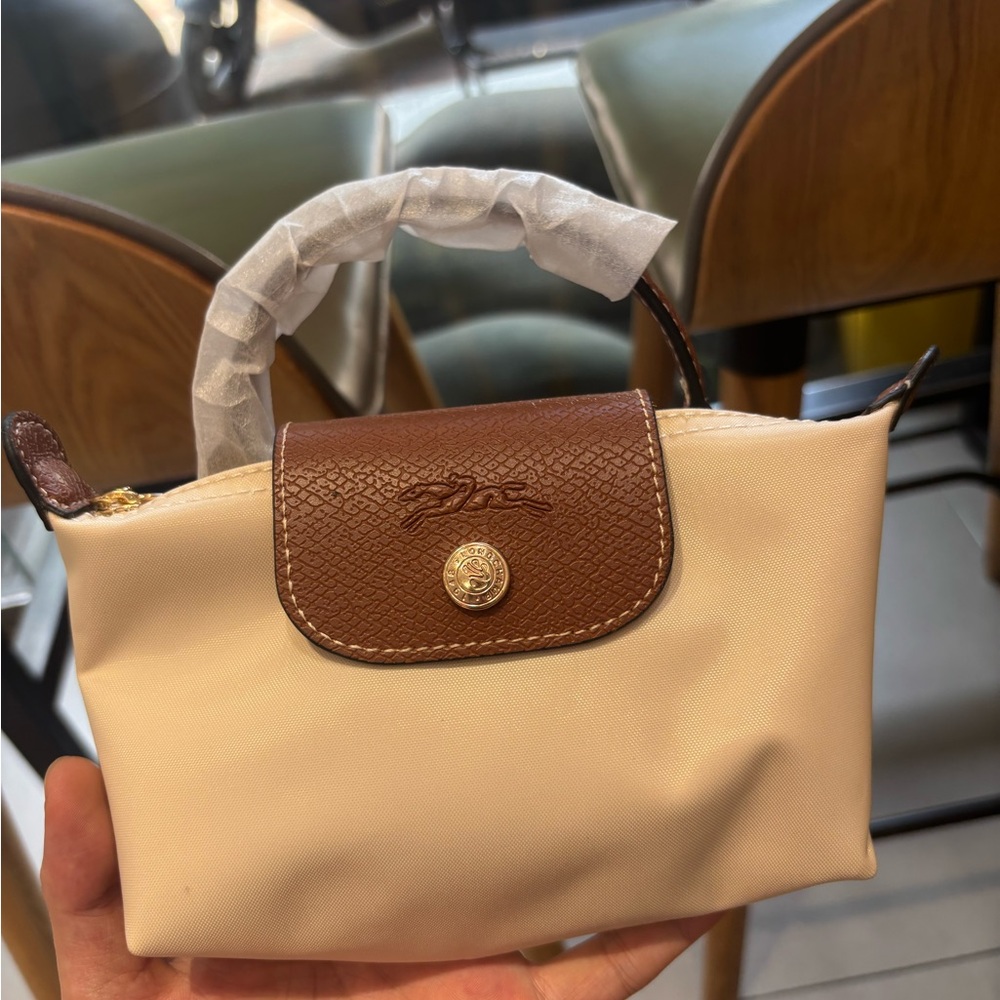 Longchamp Small Cream Mini Top-Handle Bag with Brown Flap